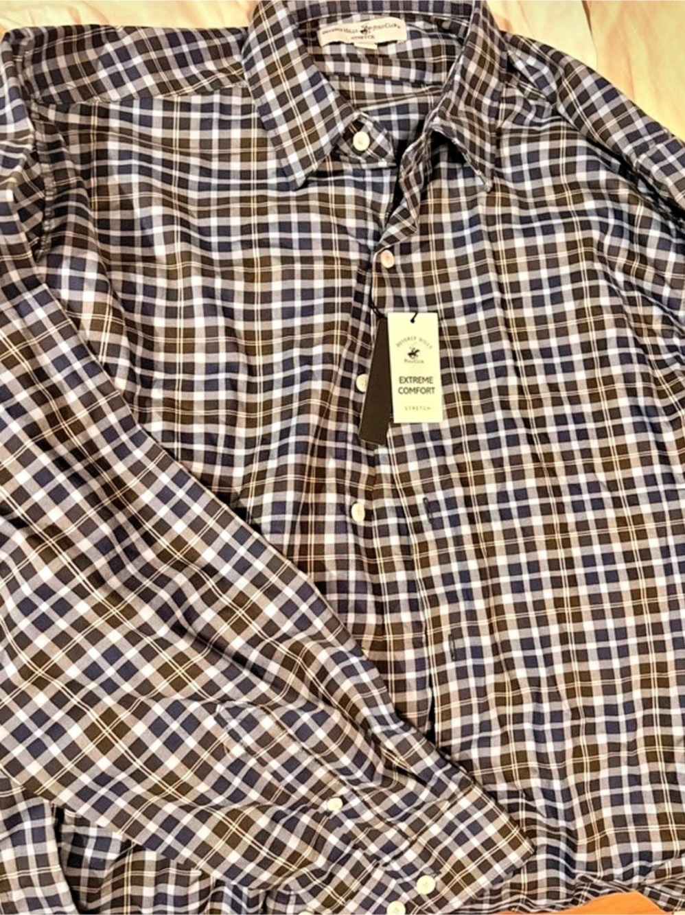 Beverly Hills Polo Club Plaid Button Down Shirt in Brown & Blue Size XL NWT